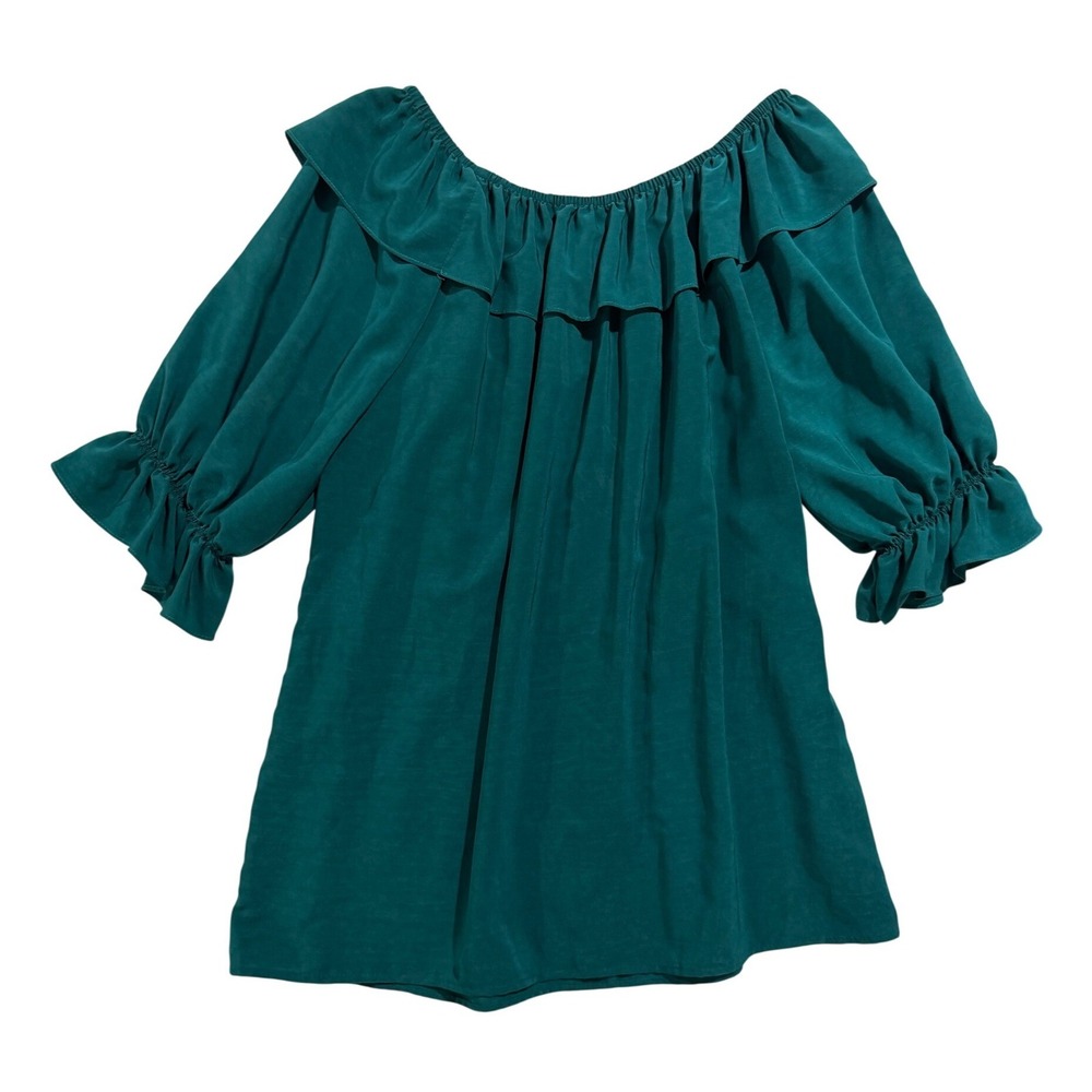Vintage Malco Modes Teal Peasant Blouse Off Shoulder Ruffle Top USA L
